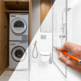 Human Hand With Pencil Making Design Project Of Modern Bathroom