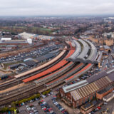 YORK, UK - JANUARY 28, 2023. An aerial view of the buildings and surrounding area of York train station in North Yorkshire