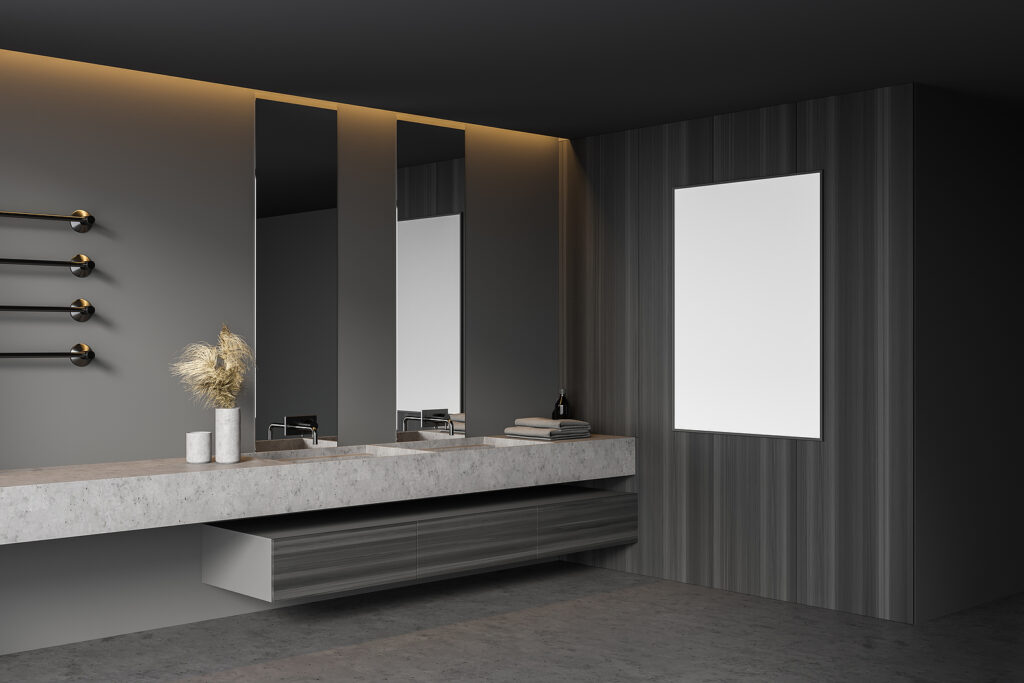Corner Of Stylish Bathroom With Gray And Wooden Walls, Concrete