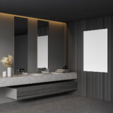 Corner Of Stylish Bathroom With Gray And Wooden Walls, Concrete
